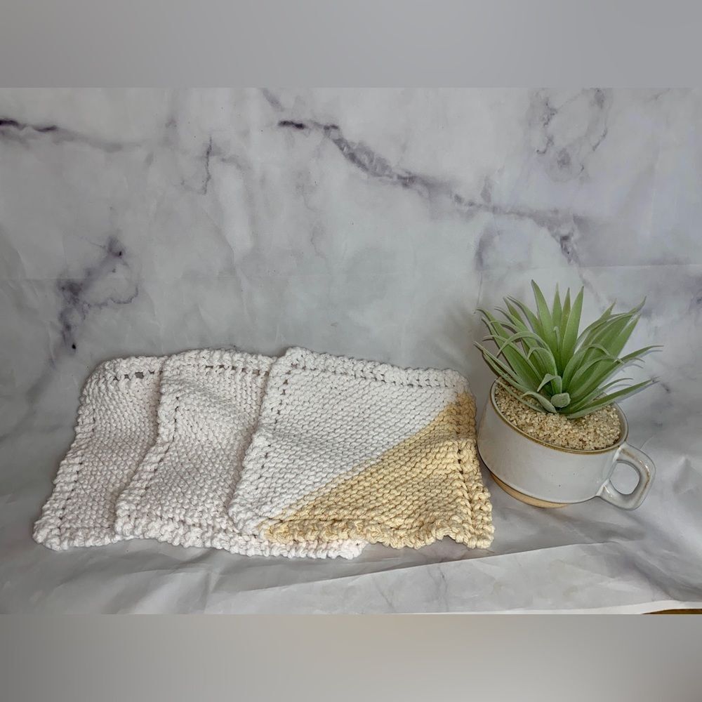 3 Vintage Hand Knit Washcloths Dish Rag ⚡️